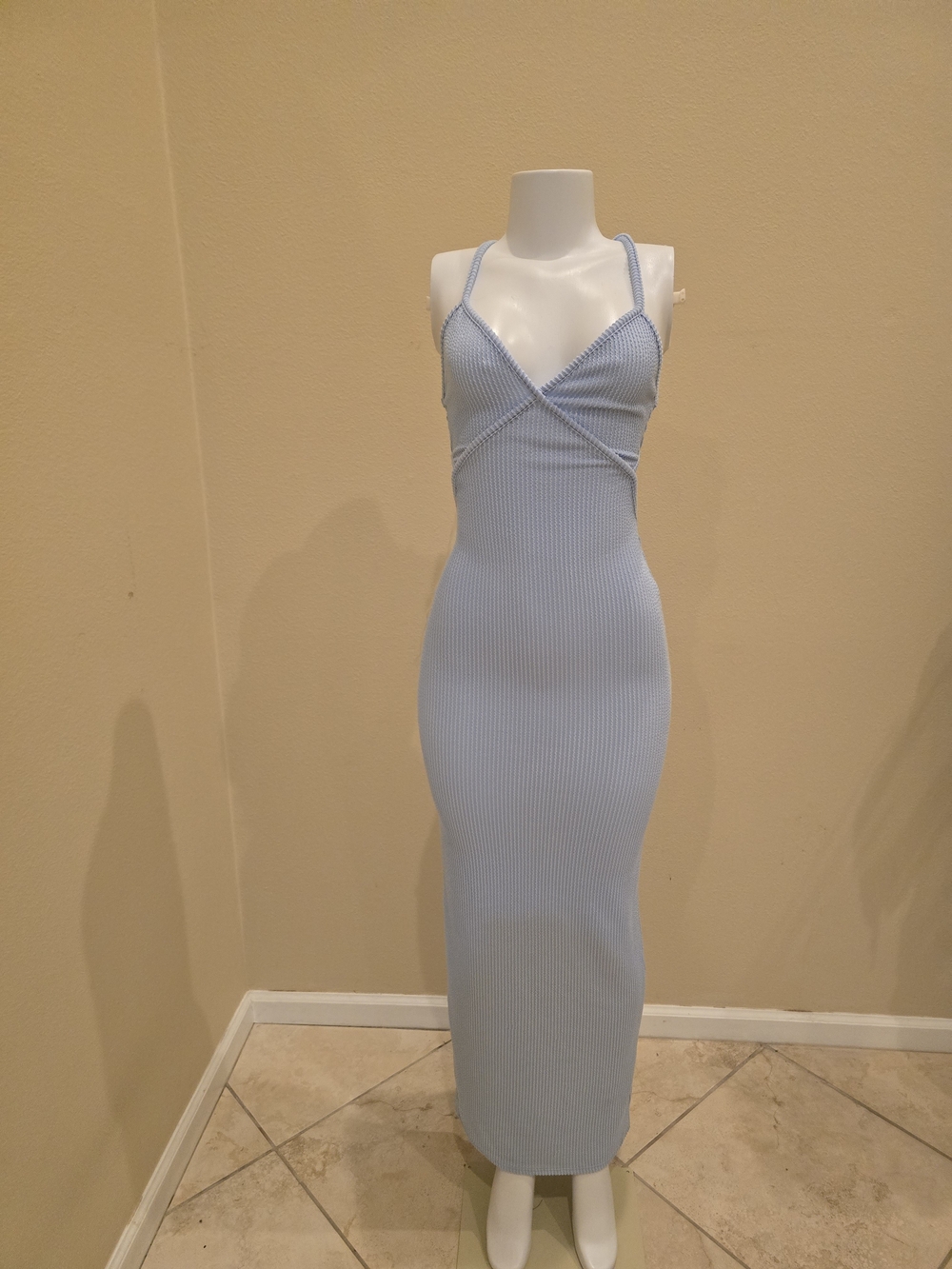 Ribbed Light Blue Maxi Dress with Spaghetti Straps